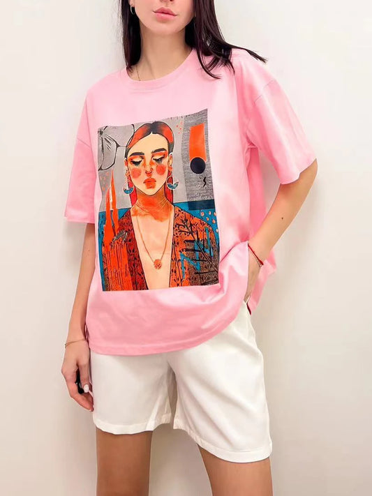 100% Cotton Women's Oversized T-shirts with Print Comics Tees Simple Short Sleeve Tops Summer Basic Soft T-shirt for Women 2023