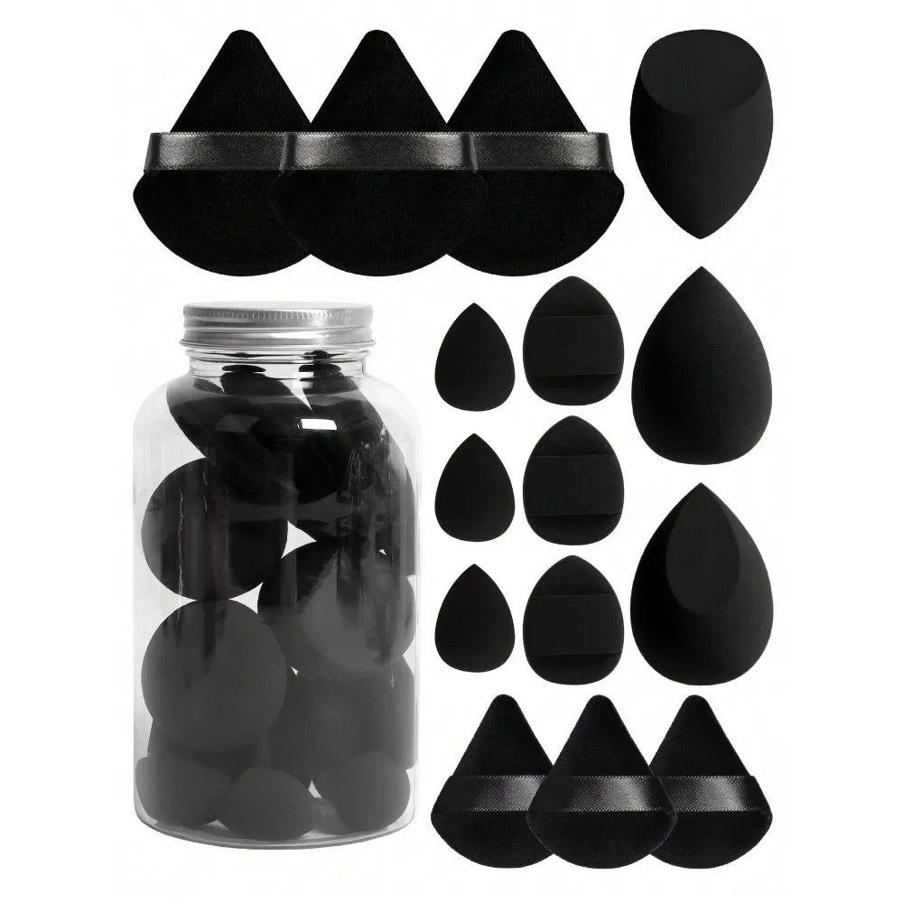 15pcs Makeup Sponge Set with Storage Jar – Powder Puff, Mini Finger Puff & Triangle Air Cushion Blenders