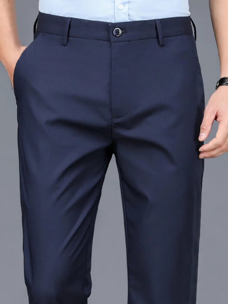 Men’s Stretch Smart Casual Pants – Solid Black Quick‑Dry Office Trousers, Korean Straight Fit for Spring & Autumn