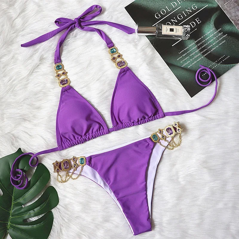 Women’s 2026 Rhinestone Diamond Bikini – Halter Chain Two‑Piece Swimsuit, Sexy Shiny Brazilian Swimwear