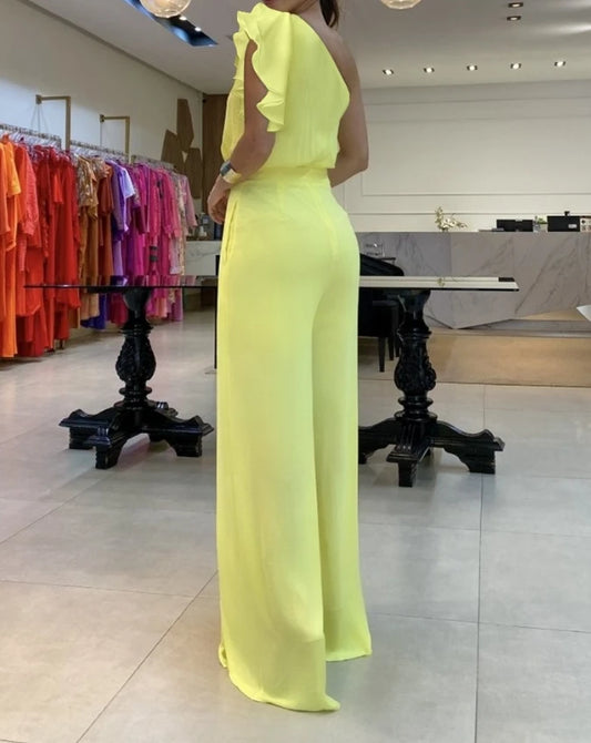 Women's Summer Fashion New Style Floral Pattern One Shoulder Ruffles Jumpsuit Temperament Commuting Slim Fit Jumpsuit
