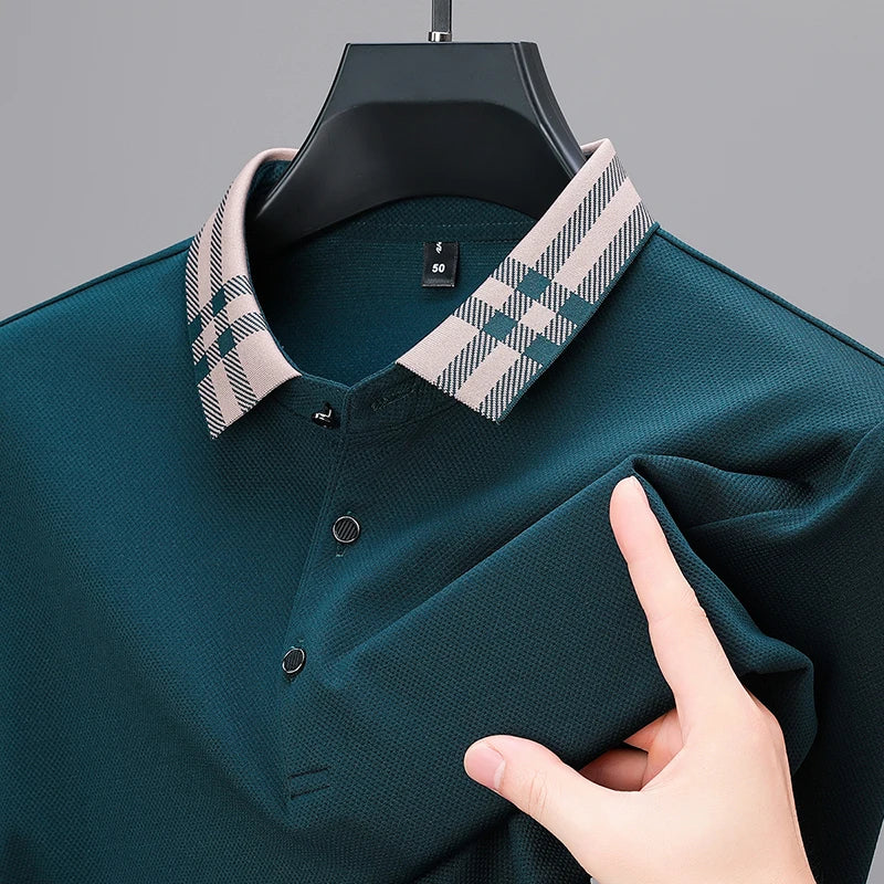 Men’s Light‑Luxury Long‑Sleeve Striped Polo Shirt