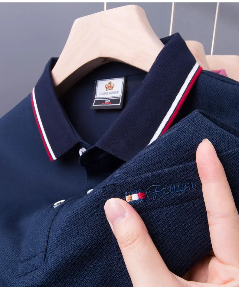 Top Grade Summer Short Sleeve Korean New Fashion Cotton Soft Pure Color Lapel Slim Fit Casual Tops Men's pocket Polo Shirts