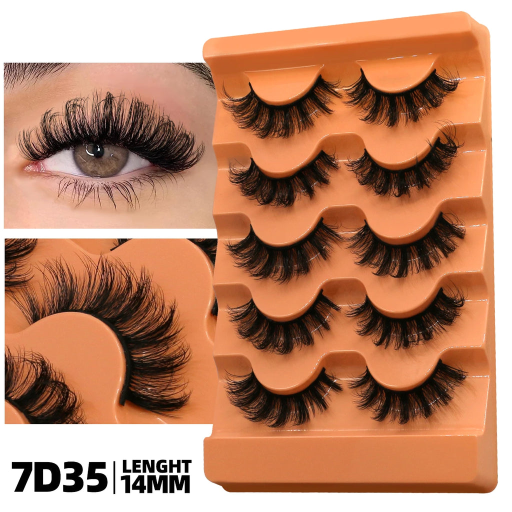 GROINNEYA Fluffy Lashes 5 Pairs D Curl 3D Mink False Eyelashes Thick Volume Russian Strip Lashes Mink Lashes Faux Natural Fake L