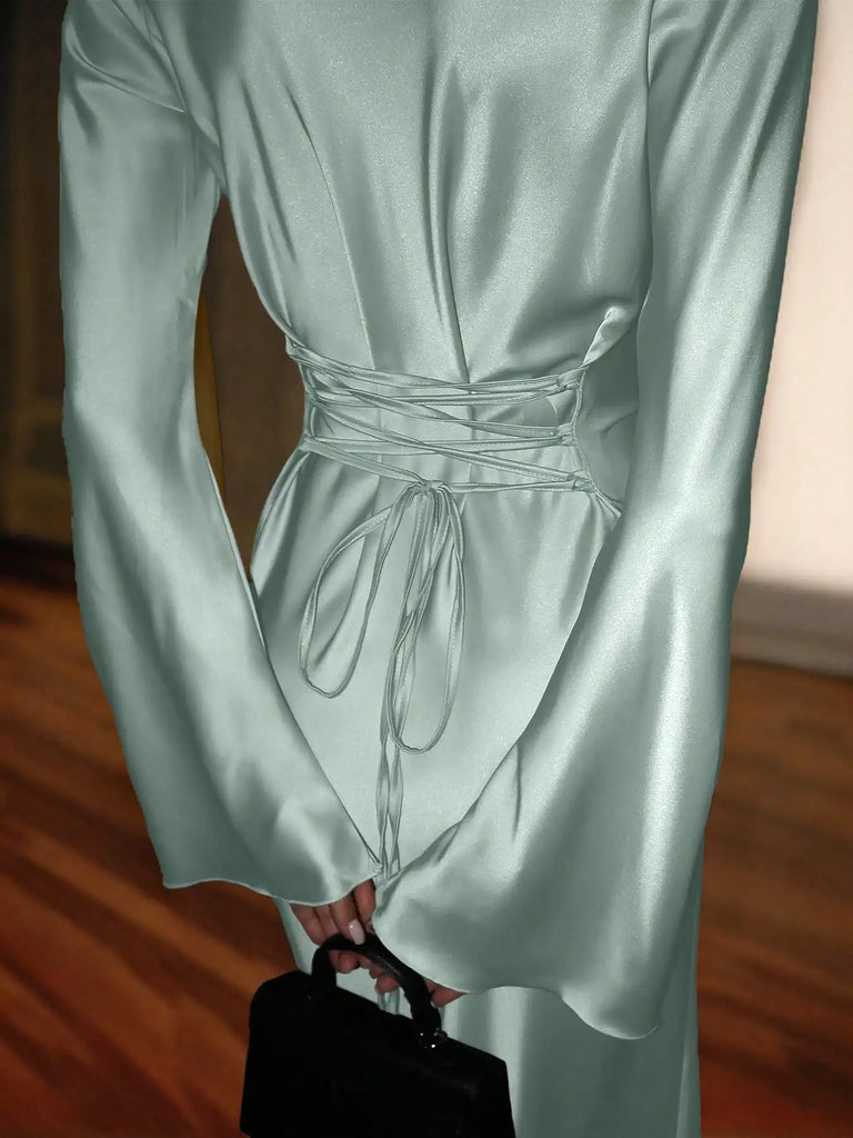 Women’s Bespoke Satin Maxi Dress – Corset Waist Tie, Round Neck & Flared Sleeves | Luxury Evening Gown 2026