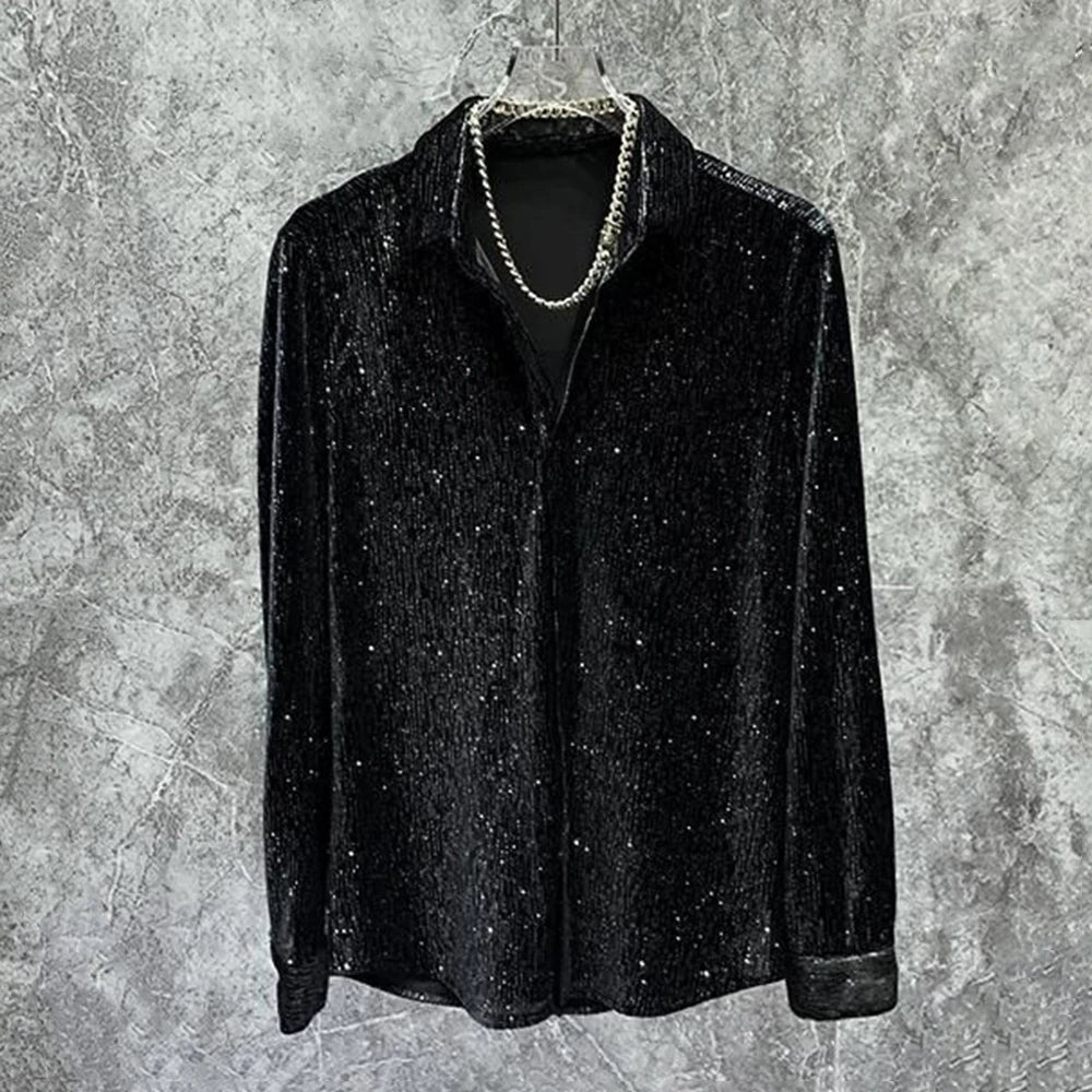 Gold Velvet Shiny Long‑Sleeve Shirt