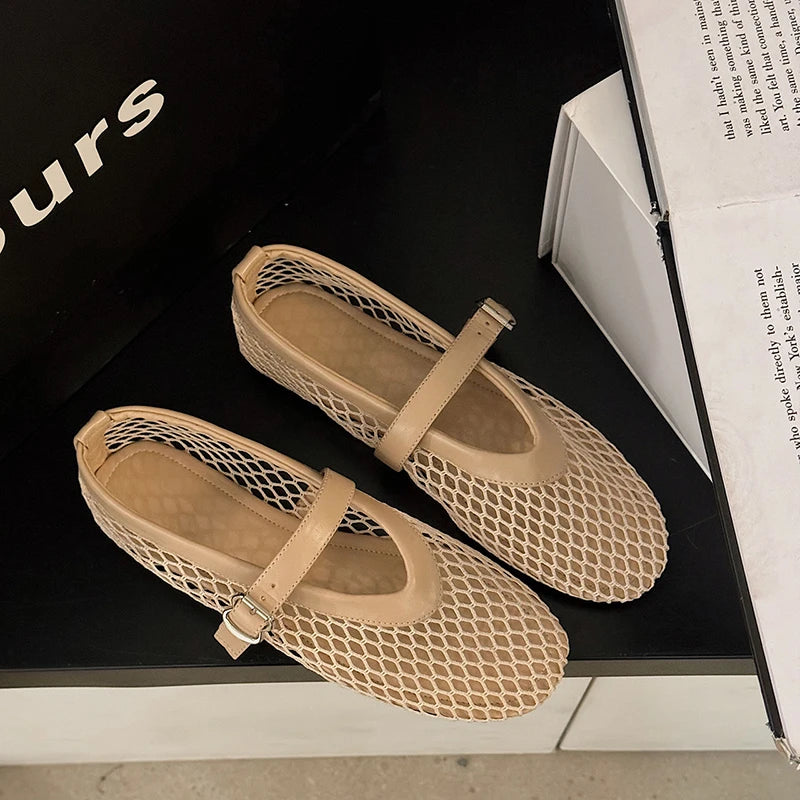 2025 Women’s Round Toe Flat Shoes — Breathable Hollow Ballet Mary Jane Sandals Casual Designer Style