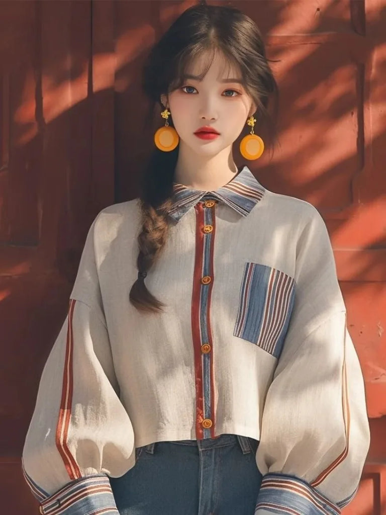 Vintage Women's Shirts Spring/summer New Chiffon Striped Women Blouses Loose Long Sleeve Top Patchwork Korean Clothing Sales