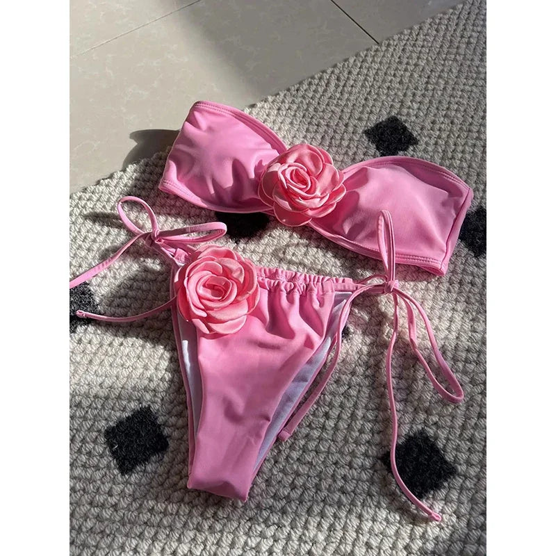 OIINAA Swimsuit Women Sexy Soild Color Bikini Set 3D Floral Swimwear Split Strapless Two-Piece Biquini Lace Up Bathing Suit 2024