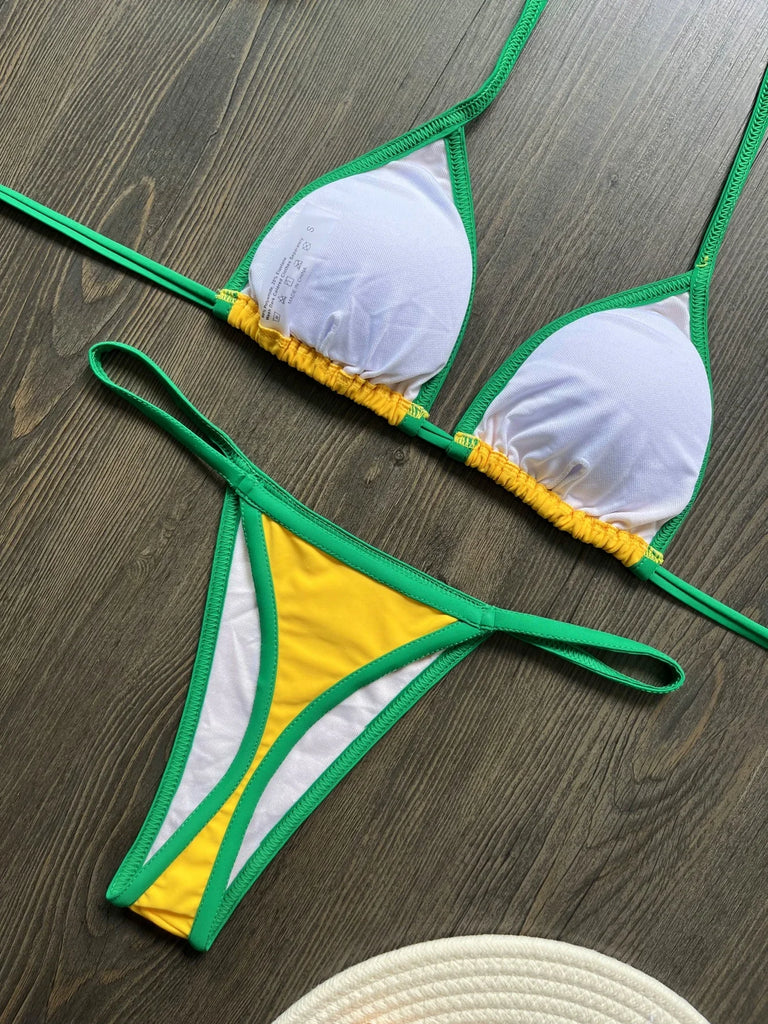 2026 Sexy Embroidery Brasil Flag Contrast Split Bikini Set Women Swimwear Patchwork Swimsuit Hottie Outfit SummerBeachwear