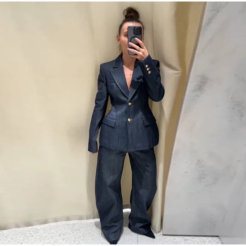 Elegant Denim Blazer Vest Pants Set Women Single-breasted V-Neck Suit Coat Strapless Tanks Straight Leg Jeans 2025 New Lady Suit