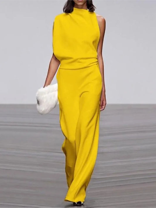 Solid Color Irregular Sleeveless Jumpsuits Women Fashion Temperament Sexy Backless Folds Slightly Flared Jumpsuit Female 2025