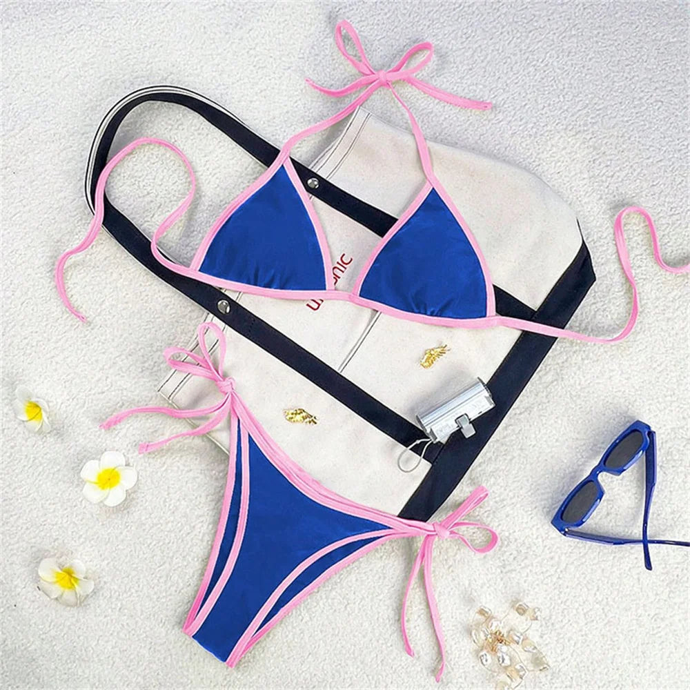 Women’s Vintage Blue Triangle Bikini – Border String Push‑Up Backless Extreme Swimsuit Beach Set