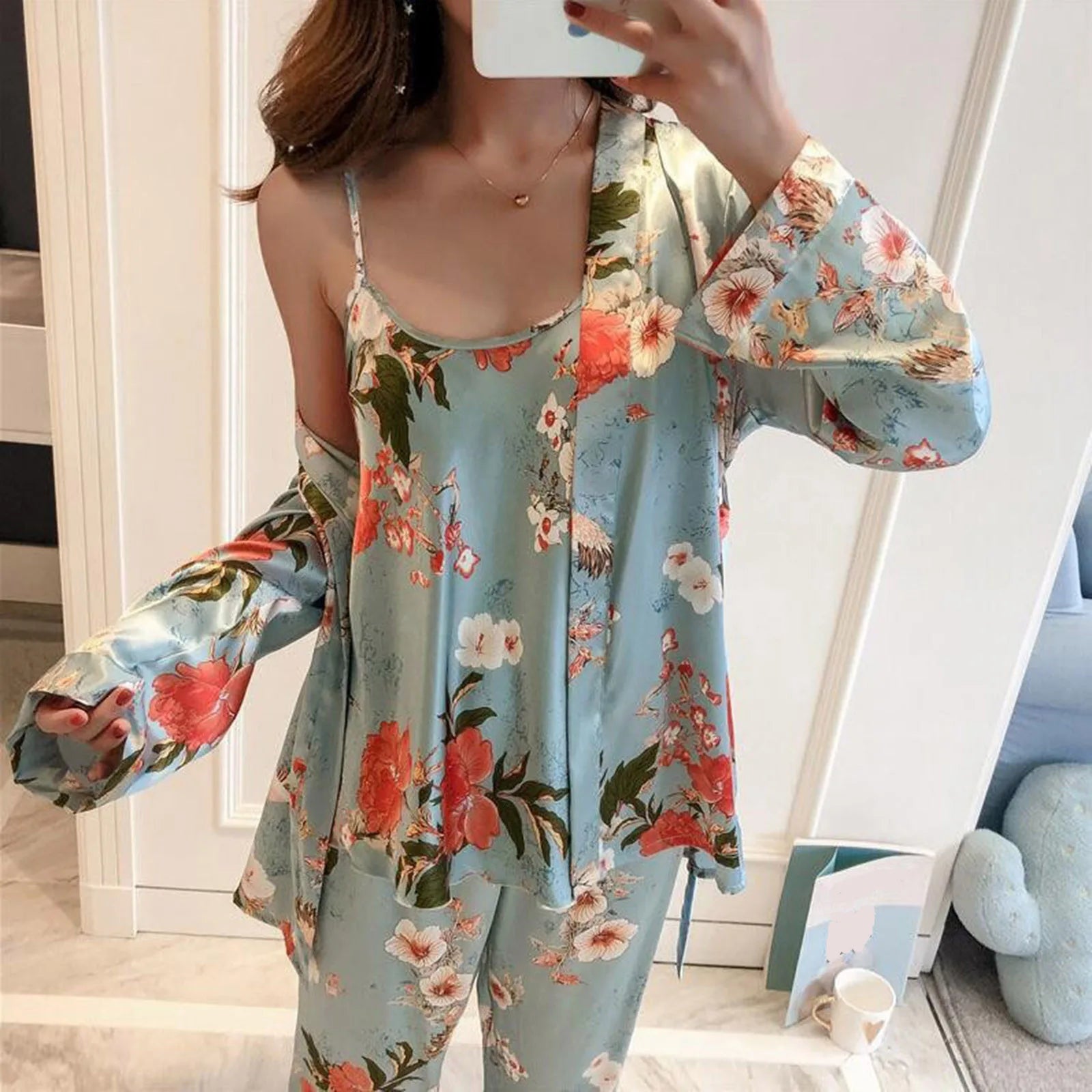 Women's Pajamas Sets Soft Silky Satin Folral Print Homewear Three Piece Home Suit Tank Top And Pants Pajamas Set With Nightgowns