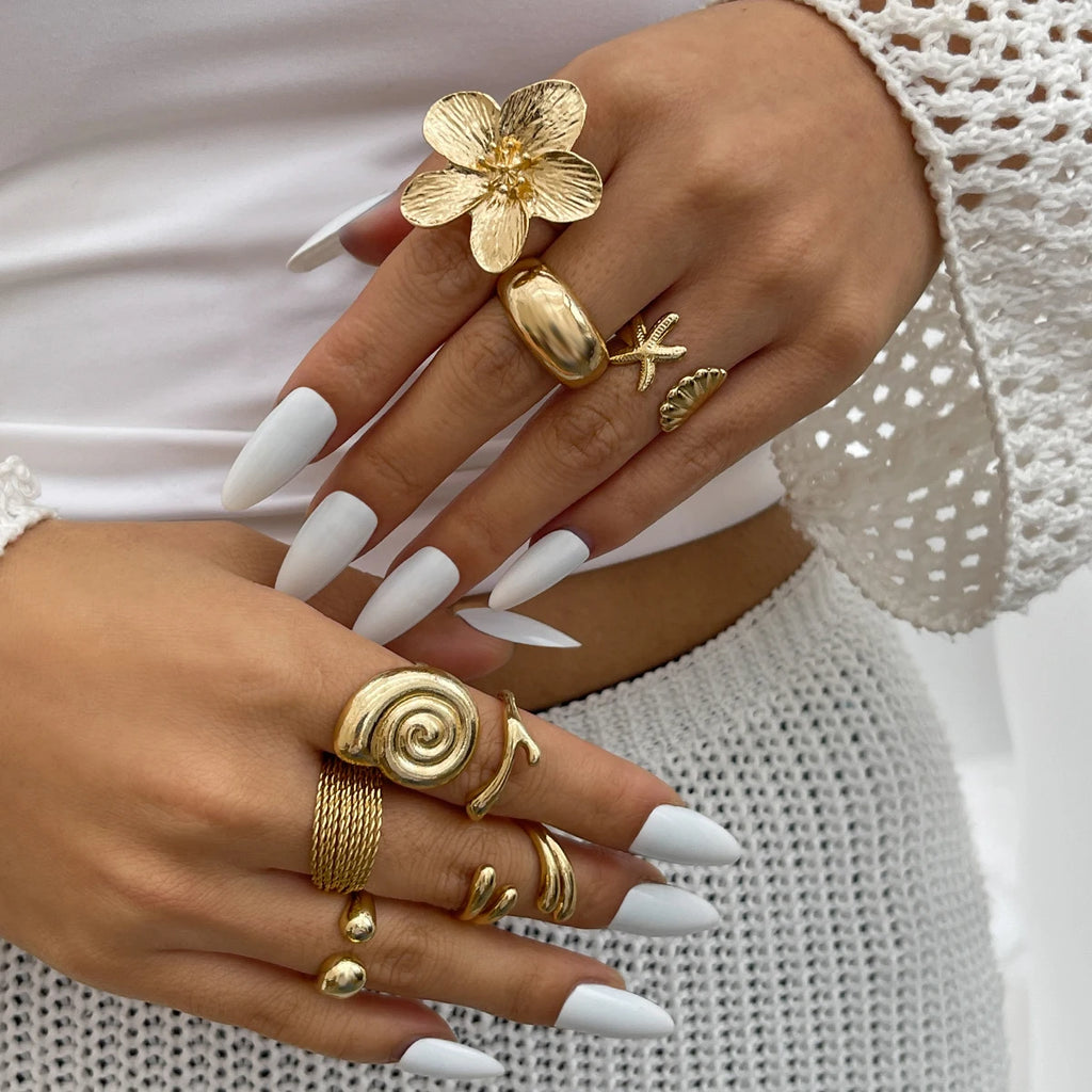 Ingemark 8Pcs/Set Vintage Metal Petal Flower Water Drop Open Rings for Women Trend 2025 Goth Geometric Ring Daily Jewelry Gift
