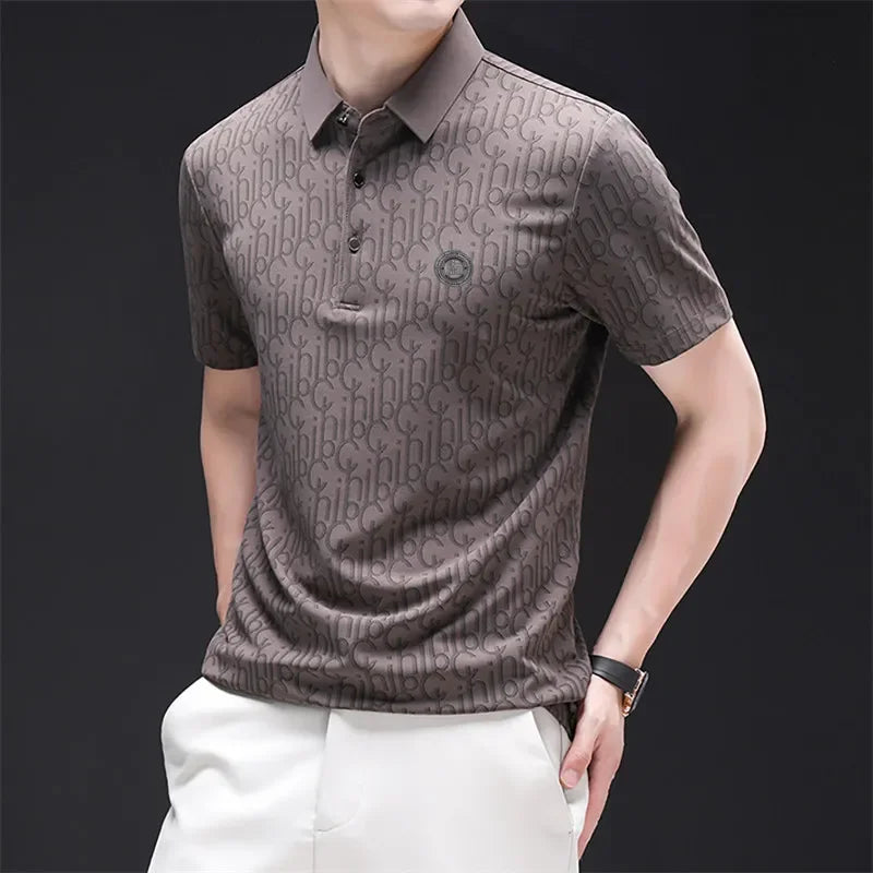 New Men's Business Casual Short Sleeved Shirt with Badge Solid Color Polo Shirt Fashionable Breathable Comfortable Versatile Top