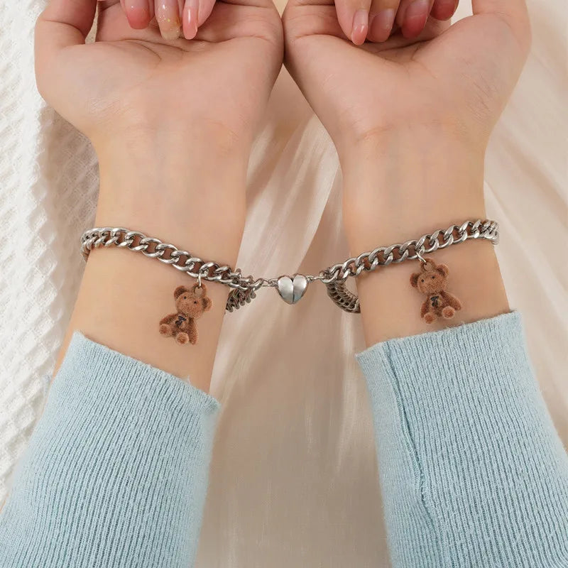 JWER 2Pcs/set Magnet Couple Bracelets Heart Attraction Bracelet Stainless Steel Charm Simple Cuban Chains Key Lock Jewelry Gifts