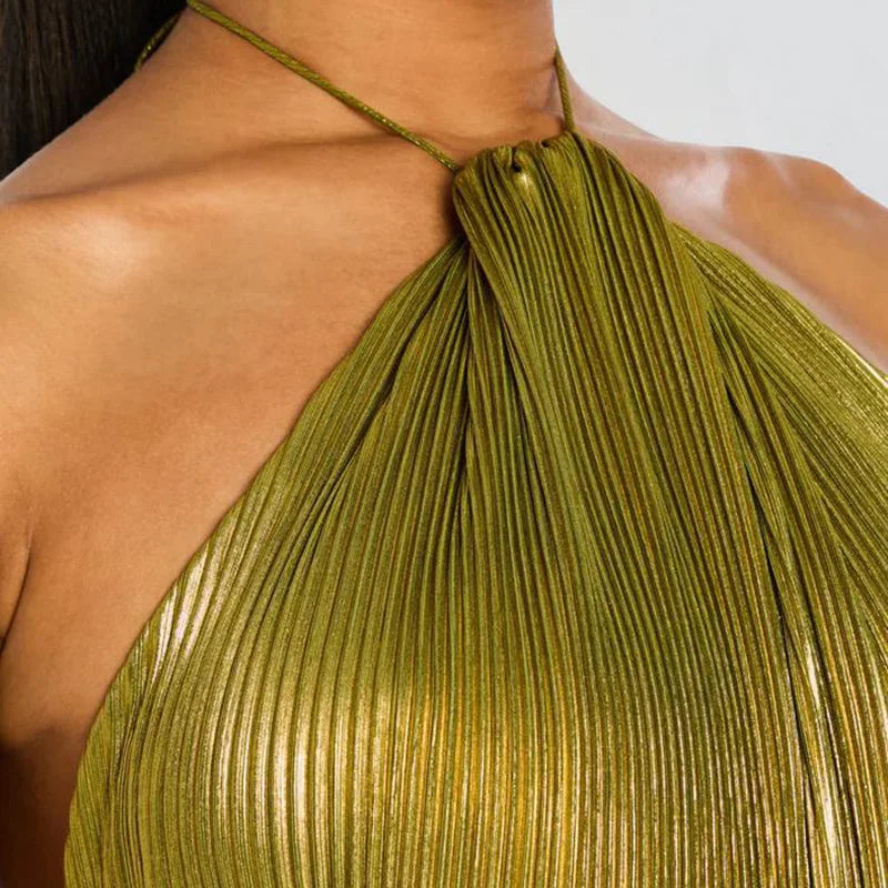 Gold Sexy Halter High Split Gowns Evening Dress Woman Chic Solid Hollow Pleated Long Dress Spring Summer Backless Zip Maxi Dress