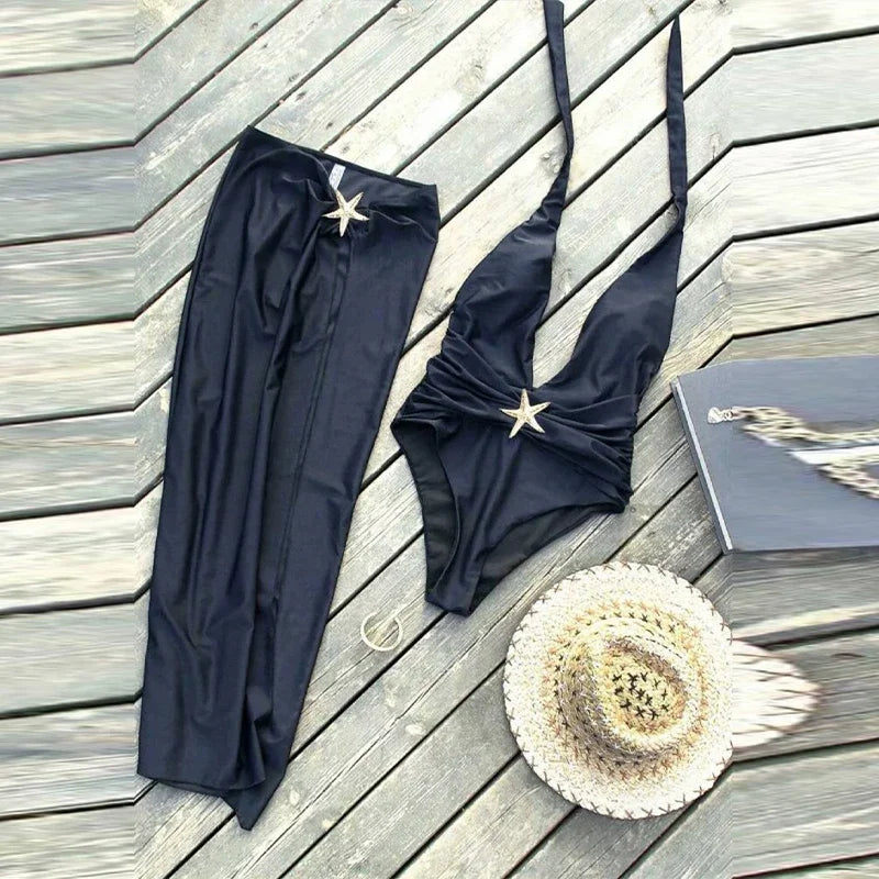 Women’s 2025 Halter Starfish Bikini Set – Deep V‑Neck Swimsuit with Side‑Split Skirt Beachwear