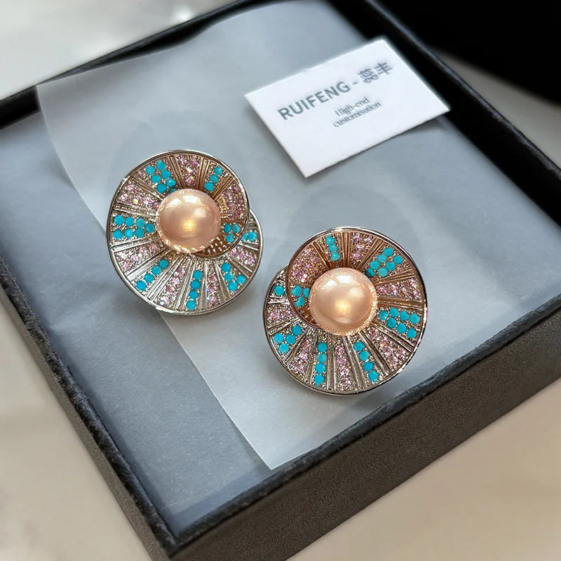 Vintage Elegant Blue Crystal Shell Pearl Conch Shape Stud Earrings for Women Fashion Simple Geometry Round Jewelry Party Gift