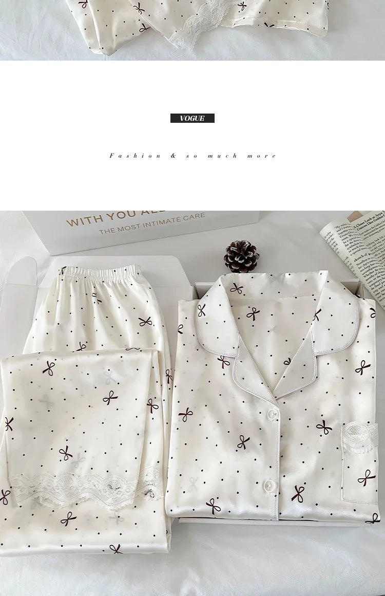 New Korean-Style Elegant Young Ladies' Pyjamas Summer New Arrival Short-Sleeved Polka Dot Bow Ice Silk Pyjama Set Homewear Set
