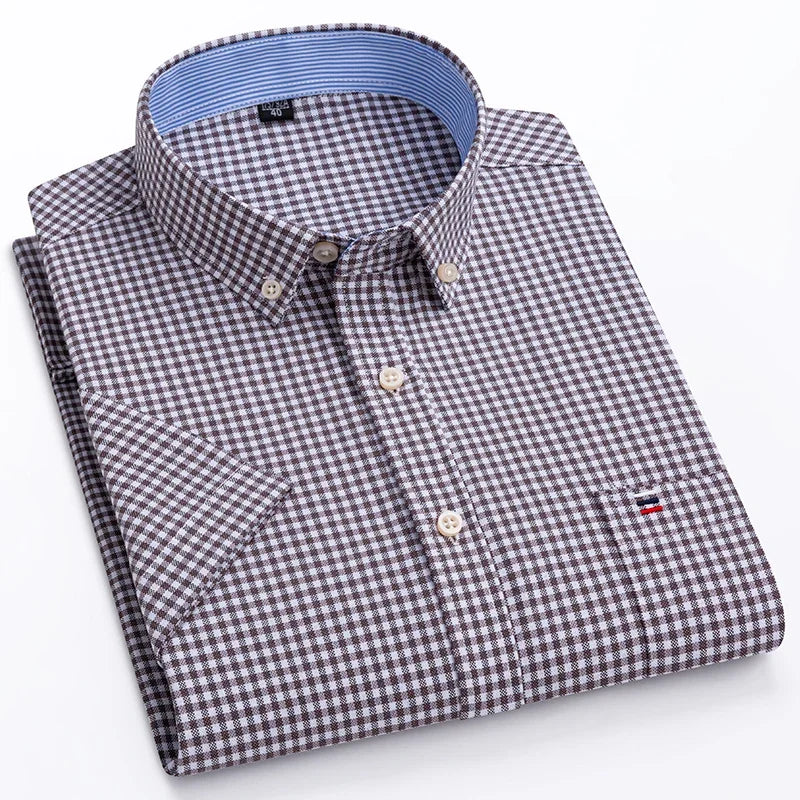 Men’s 100% Cotton Oxford Short‑Sleeve Shirt – Breathable Summer Plaid/Striped Business Casual (Regular/Oversized Fit)