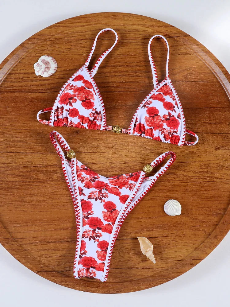 Floral Print Bordered Bikini Set Sexy Swimwear Women 2026 Bikinis Swimsuit Micro Thong Bandage Bathing Suits