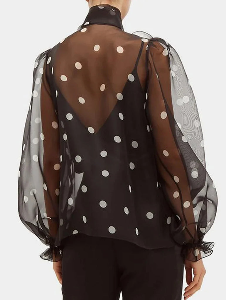 Women's Elegant Lantern Sleeve Shirt Chiffon Transparent Long Sleeve Sweet Lace-up Neck Polk Dot Casual Fashion Autumn Shirts