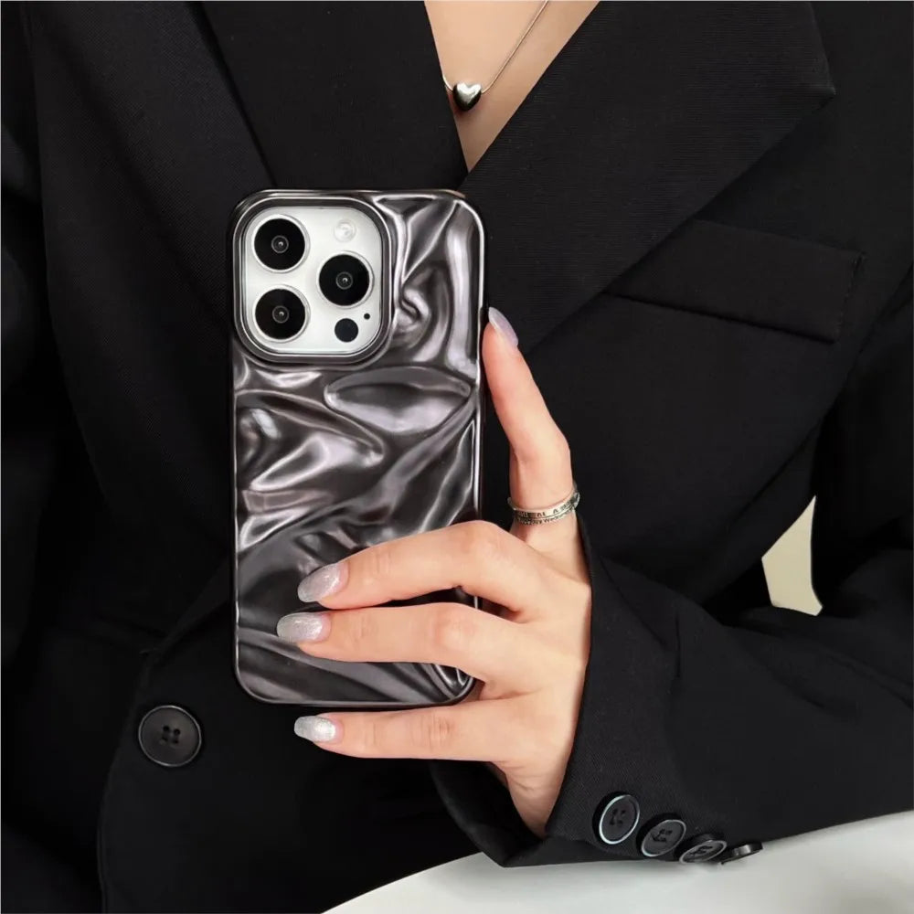 Luxury Matte Silver Water Ripple Phone Case For iPhone 16 15 14 Plus 13 12 Pro Max 11 Creative Frosted Wrinkle Shockproof Cover