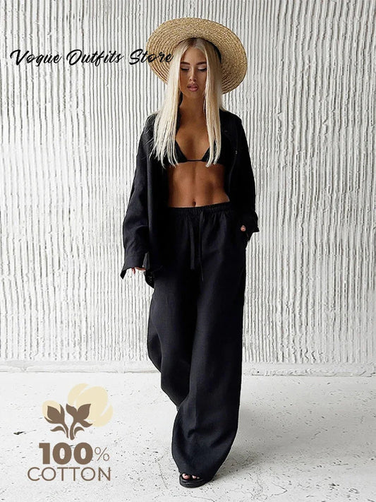 Casual Cotton Solid Women Pants Sets Lapel Single Breasted Loose Top Lace Up High Waist Wide Leg Pants 2025 Spring New Lady Sets