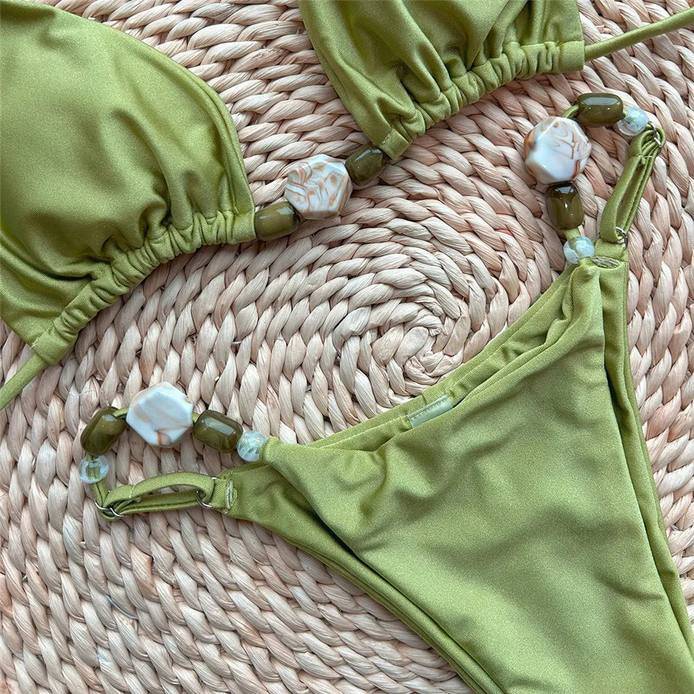 Solid Green Sexy Halter Triangle Beaded Micro Bikini
