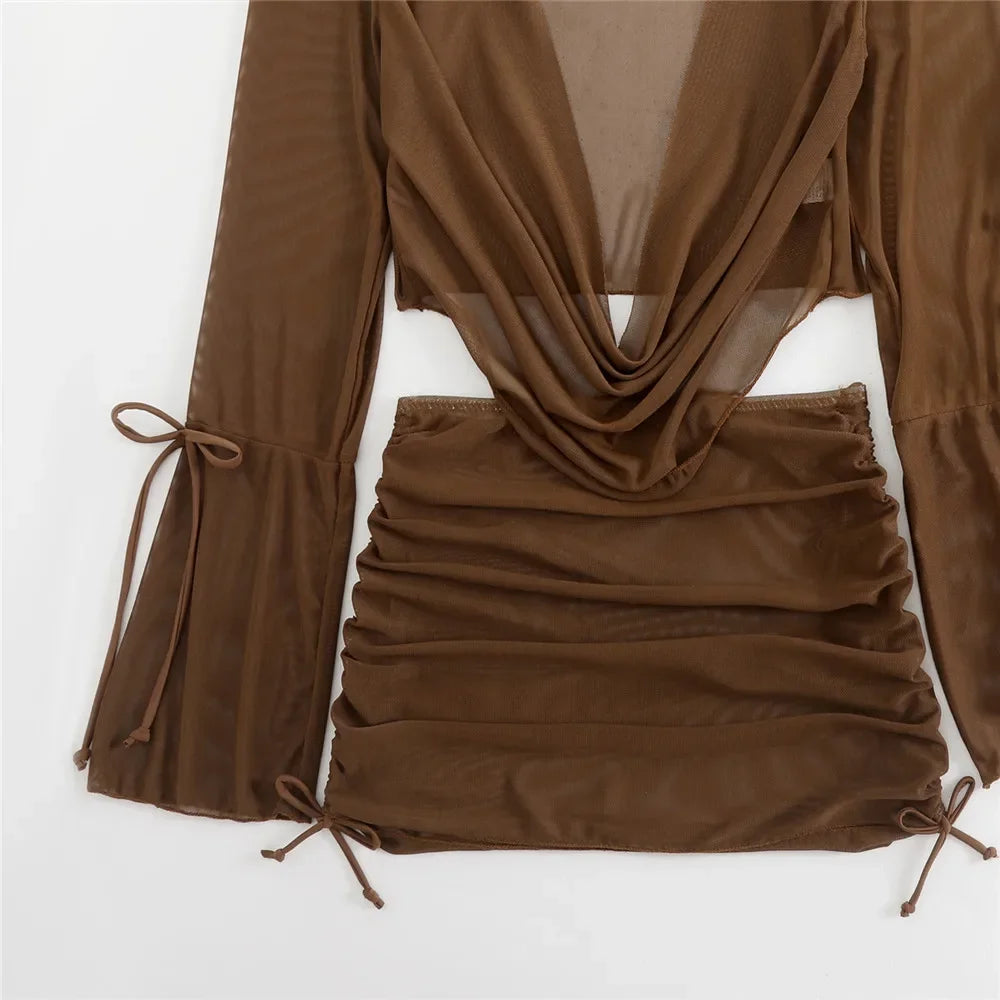 Women’s Brown Halter String Triangle Bikini Set — 4‑Piece Mesh Smock Cover‑Up Swimwear with Metal Ring Details