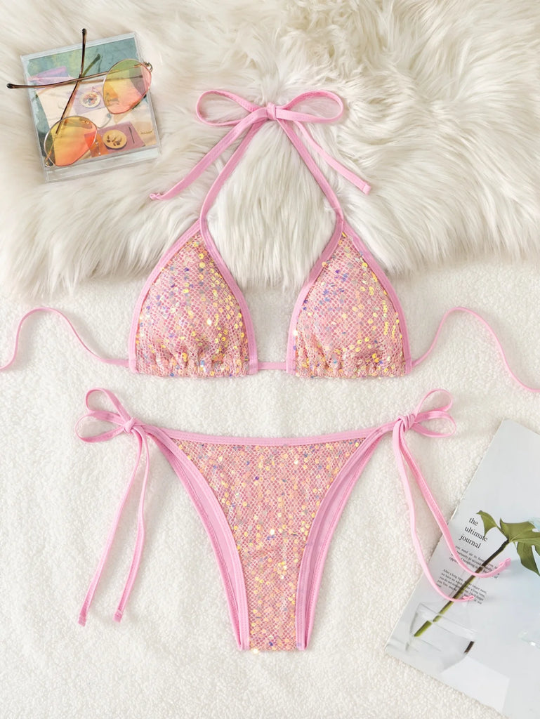 2025 Shiny Sequins Triangle Wrapped Bikini Set — Sexy Lace‑Up Micro Thong Swimsuit for Women