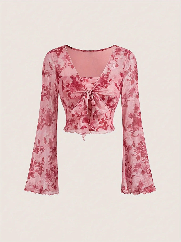Summer Women's Y2k Floral Printed Sweet V-Neck T-shirts Mesh Beach Party Dress Top Flare Sleeve Square Collar Lace Up Shirt 2025