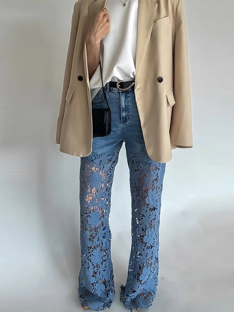 Plus Size Women's Stretch Denim Jeans With Cut-Out Lace Splicing Summer New High Waist Wide Pants Elegant Female Chic Trousers
