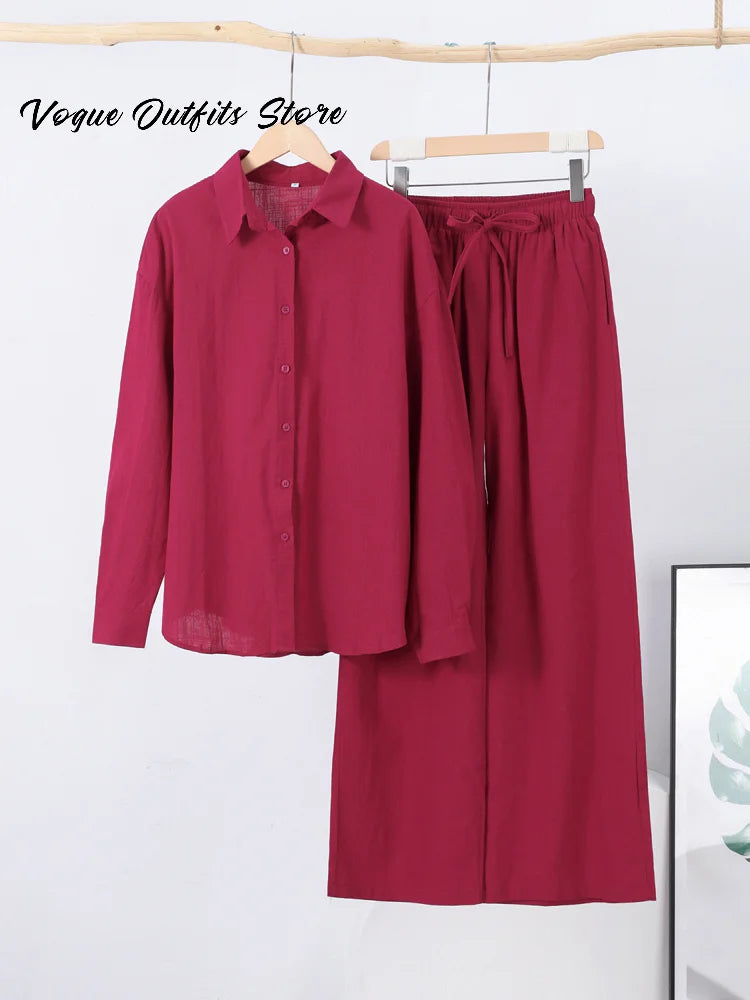 Casual Cotton Solid Women Pants Sets Lapel Single Breasted Loose Top Lace Up High Waist Wide Leg Pants 2025 Spring New Lady Sets