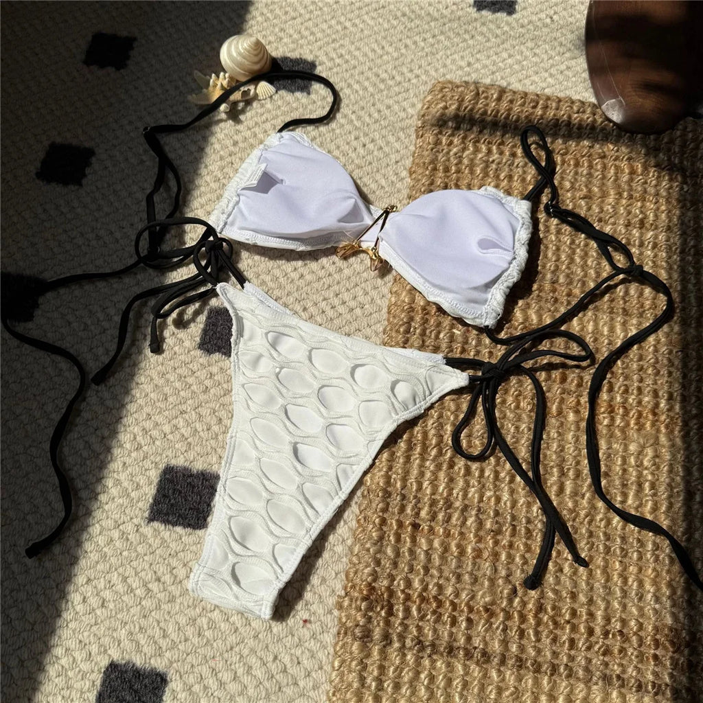 Women’s Metal Star High‑Cut Strappy Bikini – Sexy Two‑Piece Backless Swimsuit V6817