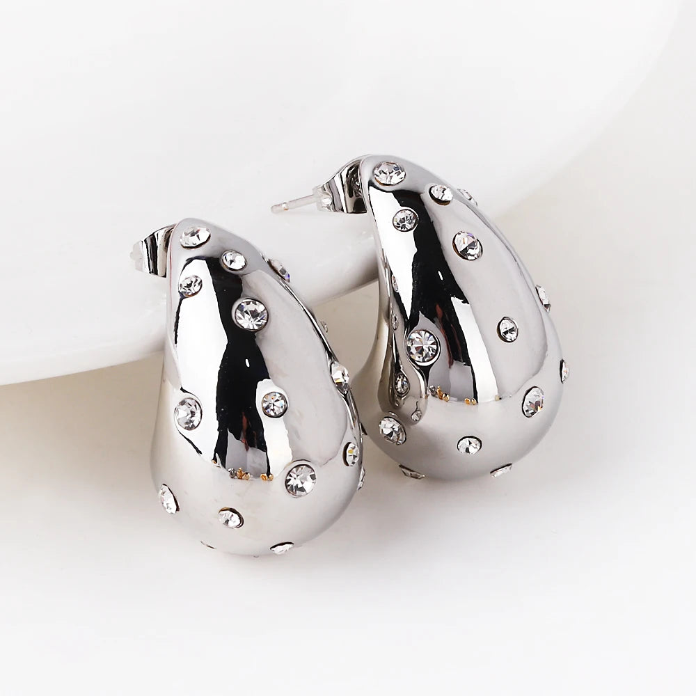 Waterproof 18K PVD Gold Teardrop Stud Earrings — Stainless Steel Inlay Bead Elegant Drop Earrings for Women