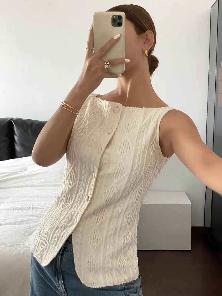 Women’s Sleeveless Geometric‑Texture Single‑Breasted Shirt – Casual Summer Minimalist Top