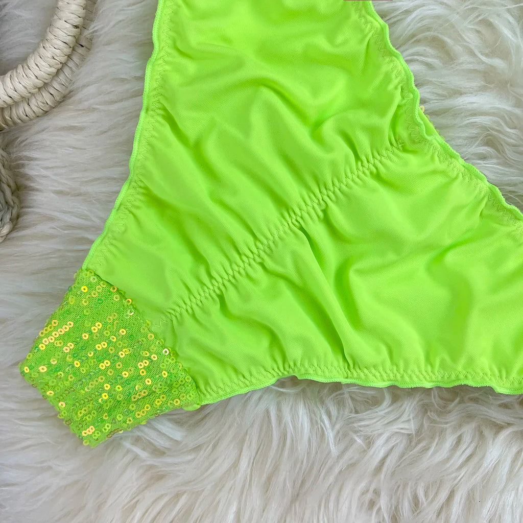 Melphieer Sequins Sparkle Bikini Set — Strappy Bandage Ruching Bum Two‑Piece Swimsuit for Beach, Pool & Holiday Outfits