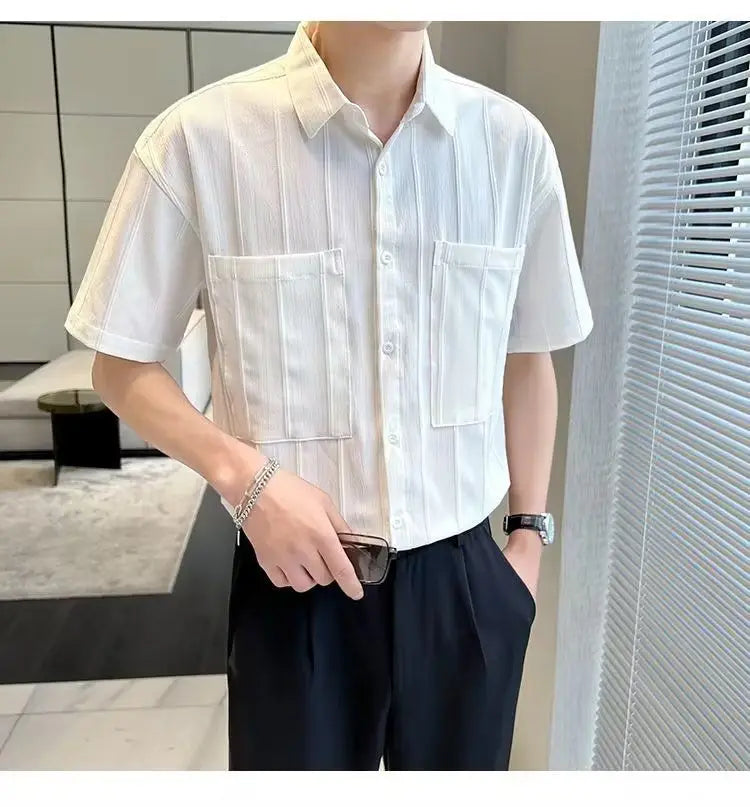 Premium Stripe Jacquard Short‑Sleeve Shirt