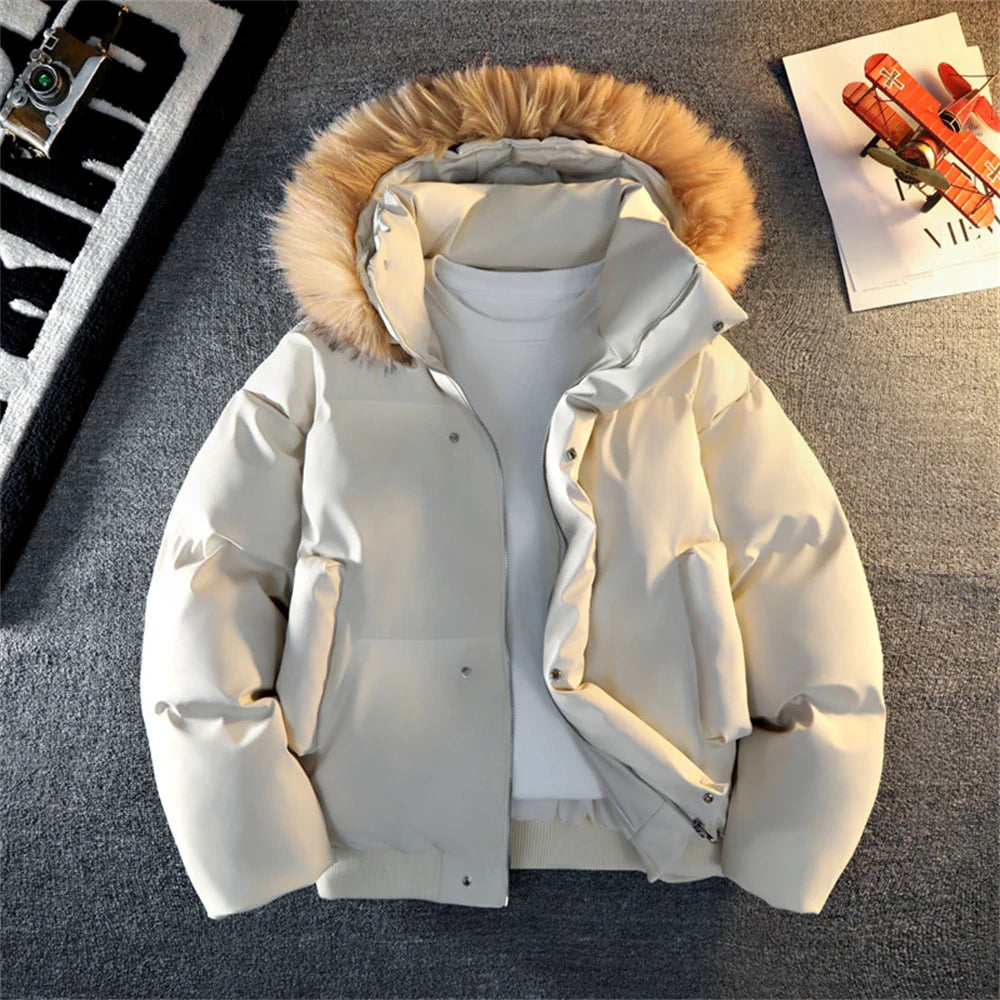 Winter Down Puffer Overcoat Men Fur Collar Soft Leather Parkas Men's Windproof Padded Coat Streetwear Men's Outdoor Parka Jacket