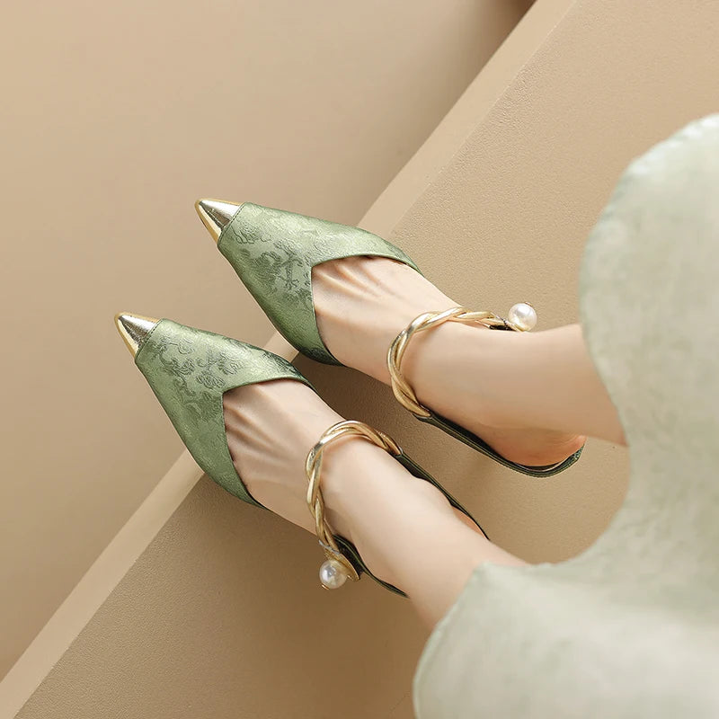 Pointed Toe Pearl Slingback Sandals