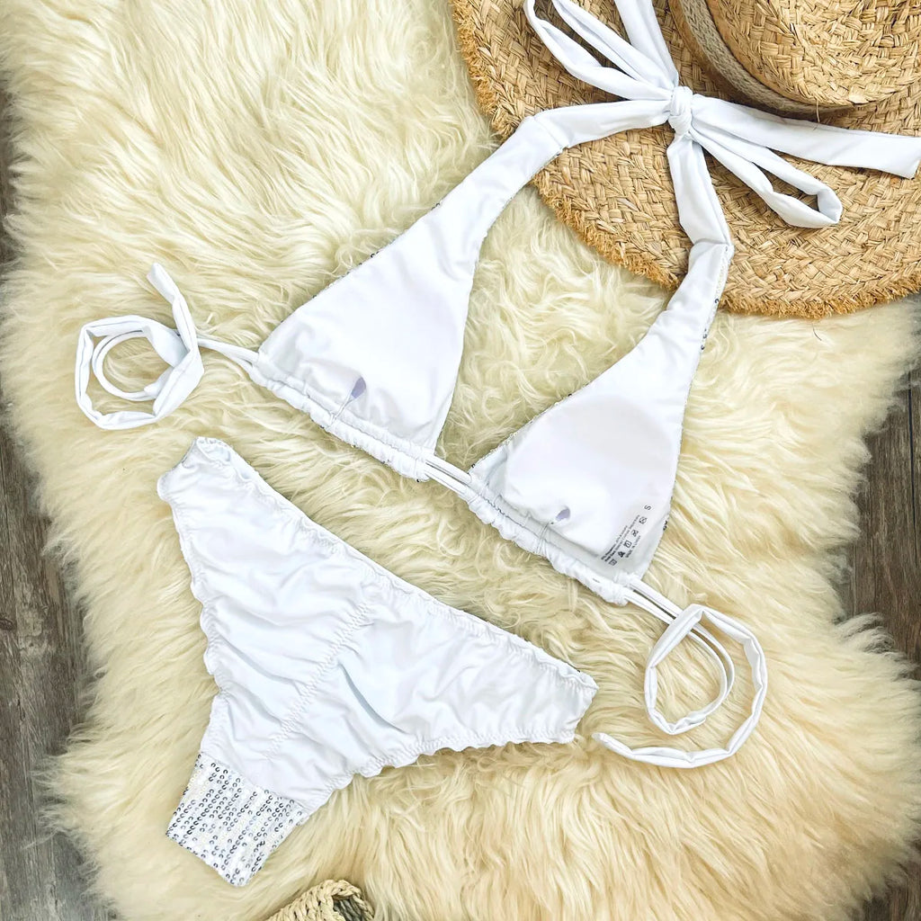 Melphieer Sequins Sparkle Bikini Set — Strappy Bandage Ruching Bum Two‑Piece Swimsuit for Beach, Pool & Holiday Outfits