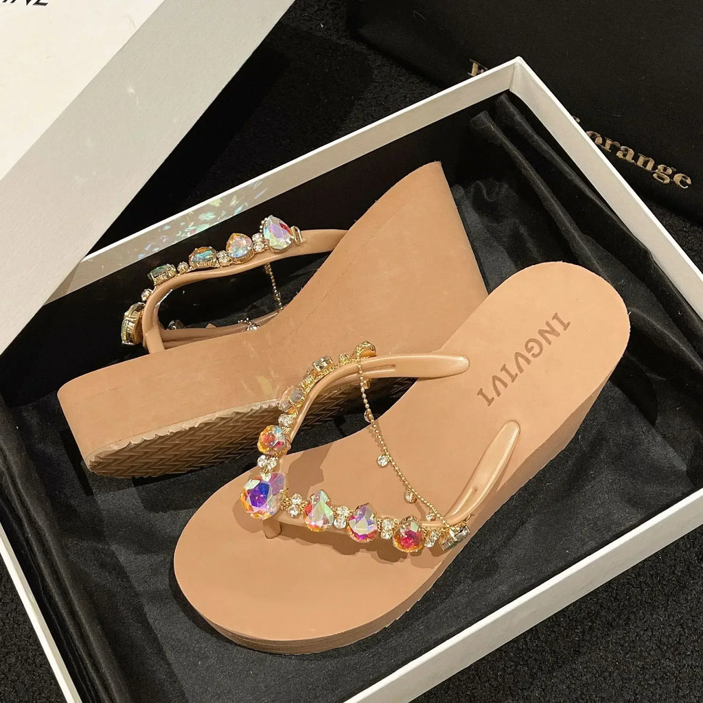 Women’s High Heeled Flip Flops — Diamond Slope Heel Slippers Elegant Beach Sandals