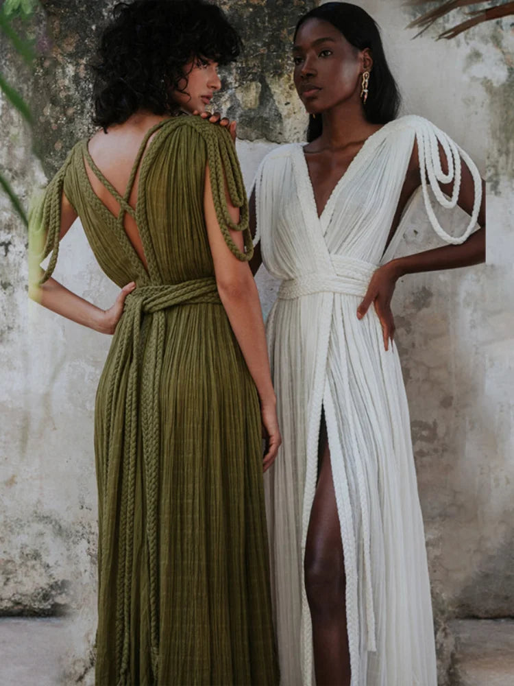 Strap Off Shoulder Hanging Neck Woven Rope Women Dress V-neck Slit Pleated Robe 2025 Summer Vacation Beach Lady Long Dresses