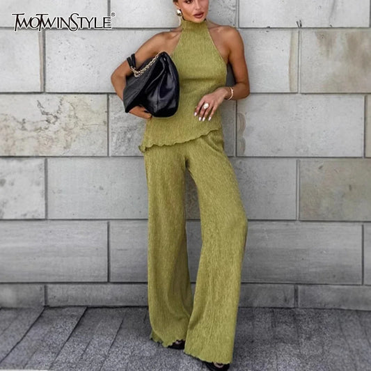 TWOTWINSTYLE Solid Two Piece Set for Women O Neck Sleeveless Top High Waist Wide Leg Pant Temperament Sets Female Fashion
