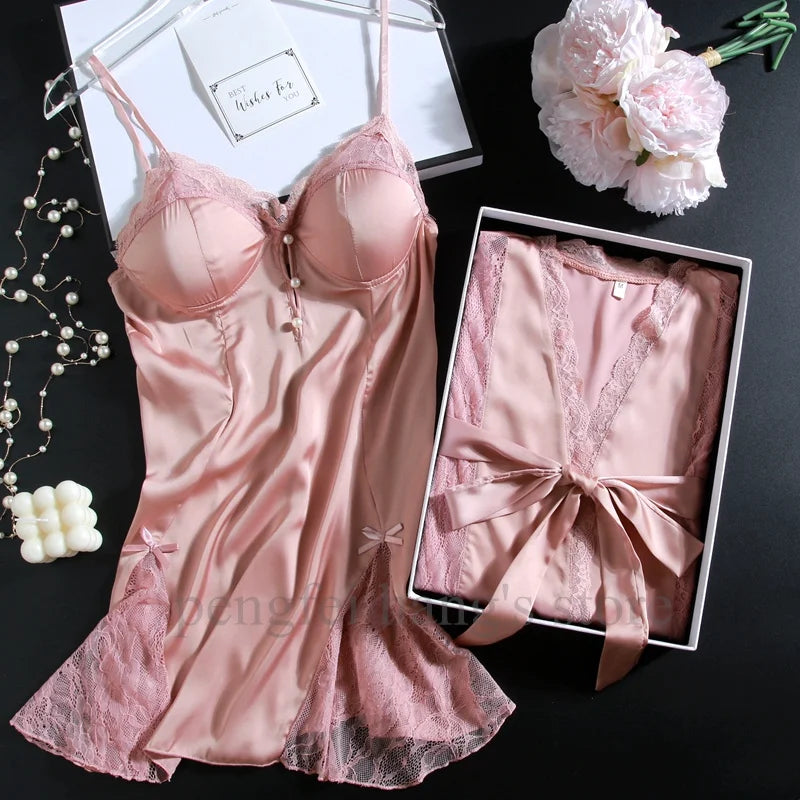 2Pcs Robe Set Beige Night Dress Sexy Bride Wedding Morning Dress Gown Loose Bathrobe Suit Rayon Nightwear Loungewear Homewear