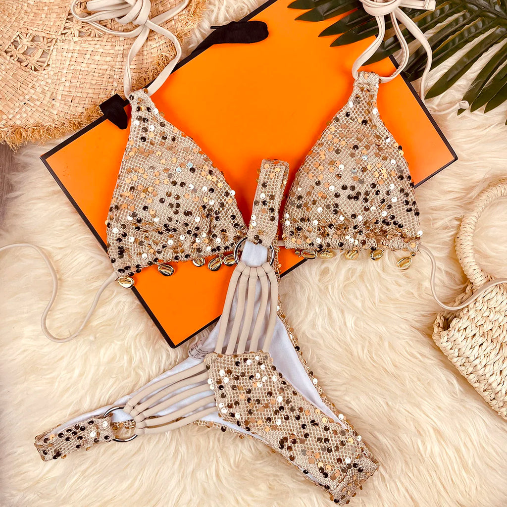 Melphieer 2026 Sparkle Shell Bikini – Designer‑Inspired Tie Bikini Set for Women’s Summer Beach Holidays