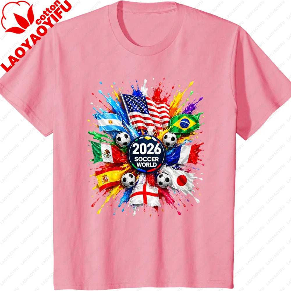 Men’s 2026 Soccer T‑Shirt — World Flag Color Splash Football Print Crew Neck Tee